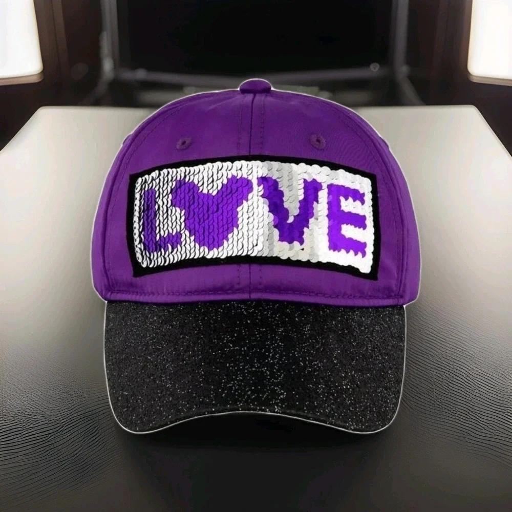 Disney Parks Youth LOVE Reversible Sequin Baseball Cap Purple Black Glitter Hat‎